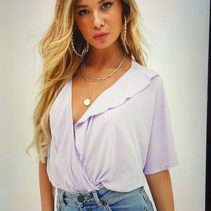 ASOS Design angel sleeve ruffle wrap body in lilac